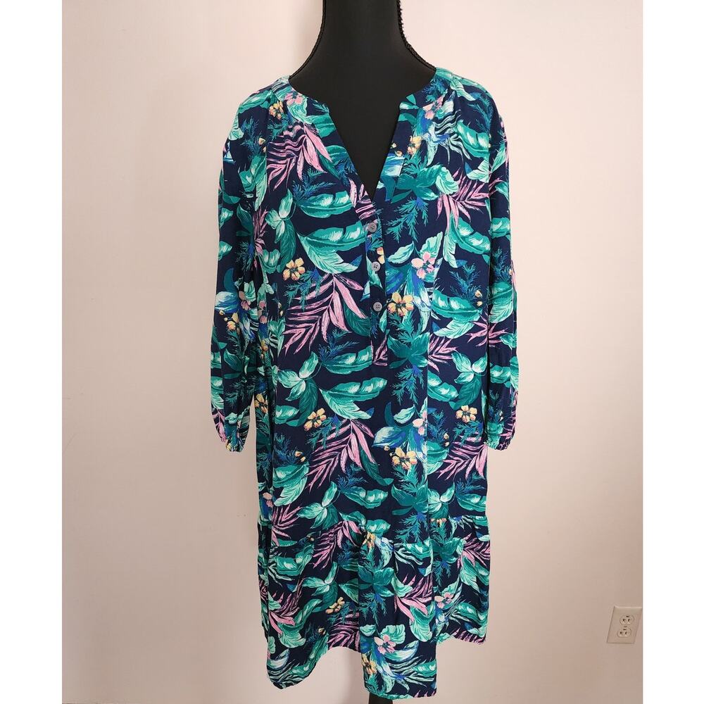 LOFT Women's Large Blue Floral Leaf Print V-Neck Dress Tropical Hawaiian - Picture 2 of 8